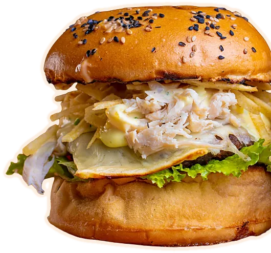 La carretillera: hamburguesa con pollo deshilachado y papas al hilo