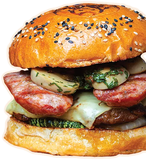 La grillera: hamburguesa con chorizo artesanal, champiñones y zucchini a la parrilla